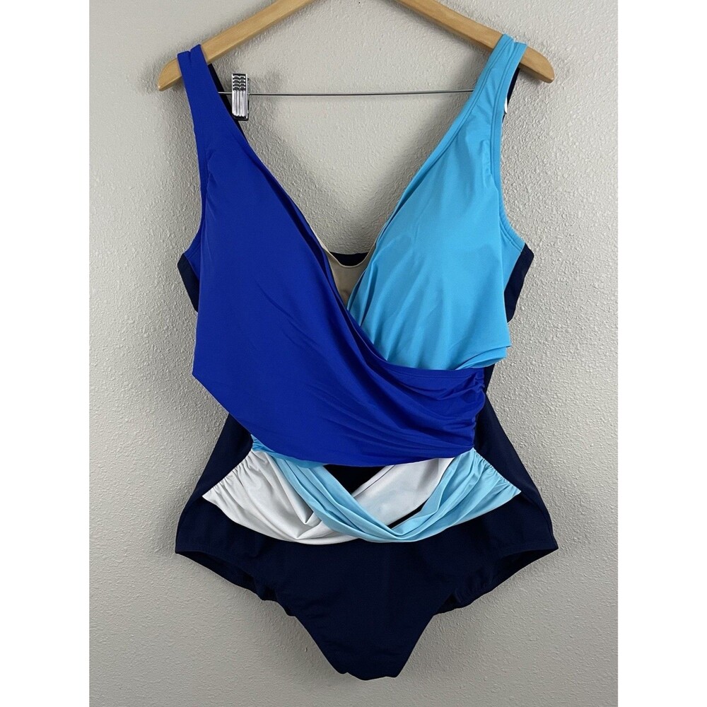 Lands End Womens Plus Size 20W Wrap Slender Suit Blue Colorblock Tummy Control